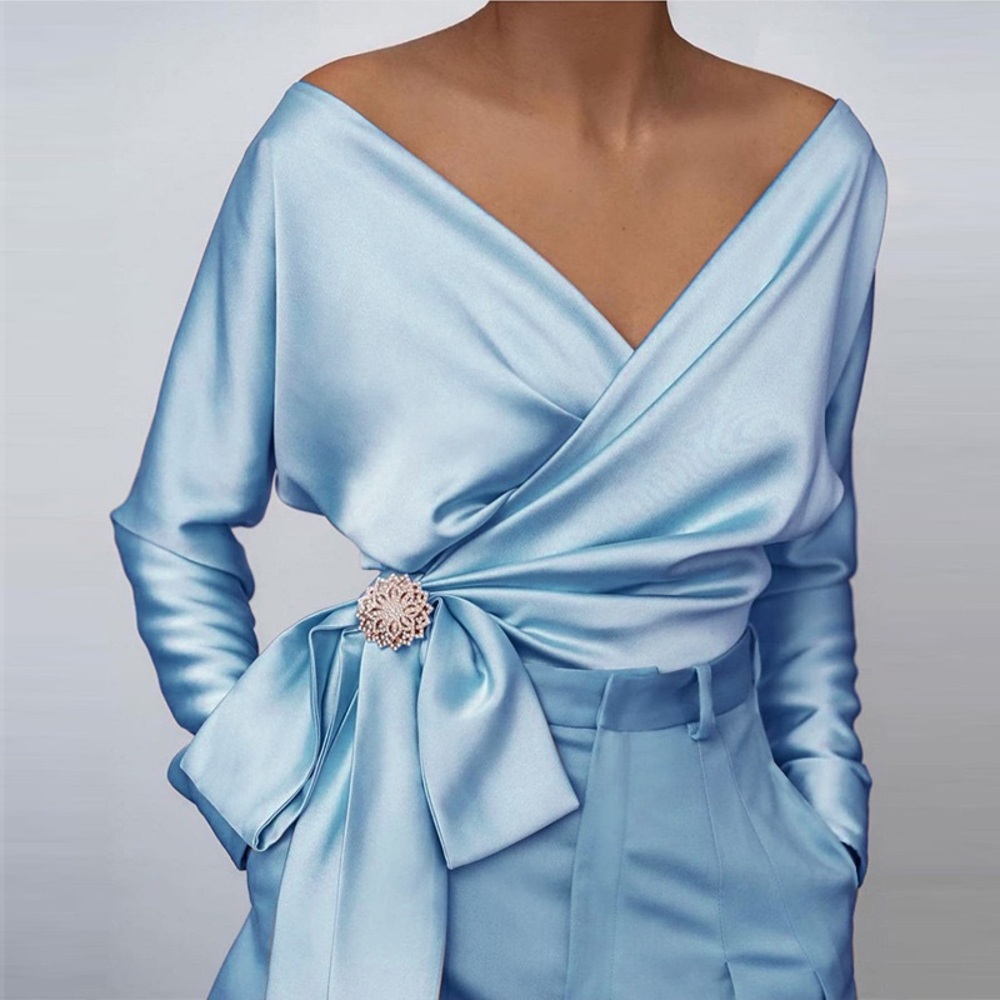Light Blue Satin Wrap Blouse with Bow Detail – Luxe Off-Shoulder Top